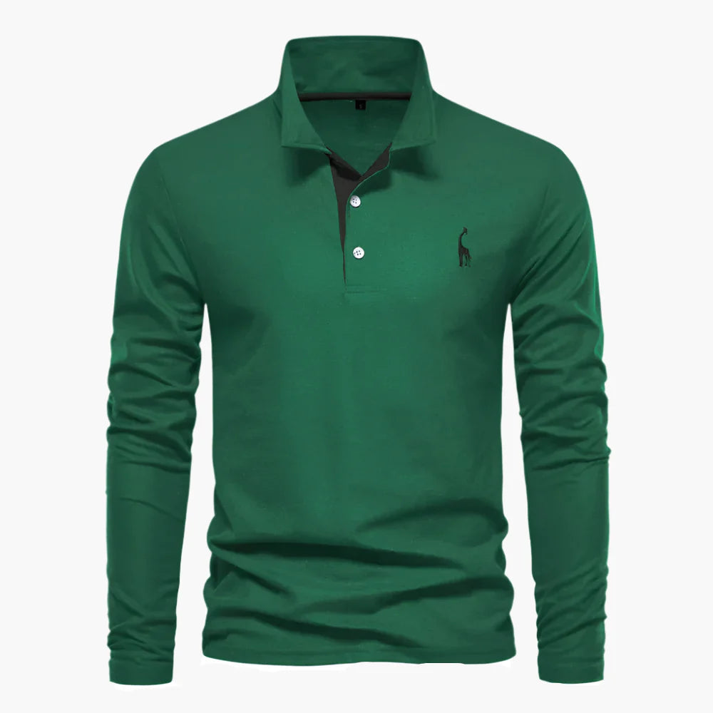 Green long-sleeve polo shirt in breathable cotton with chest embroidery