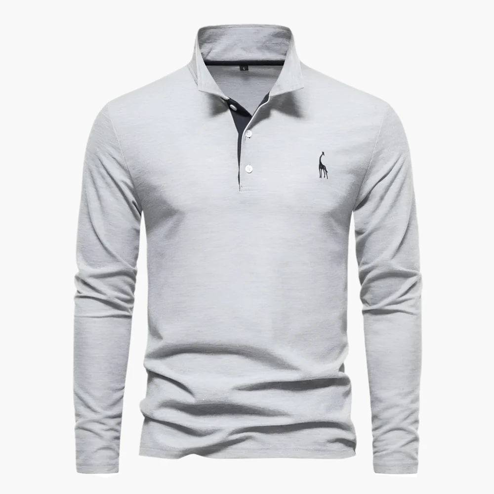 Grey long-sleeve polo shirt in breathable cotton with chest embroidery