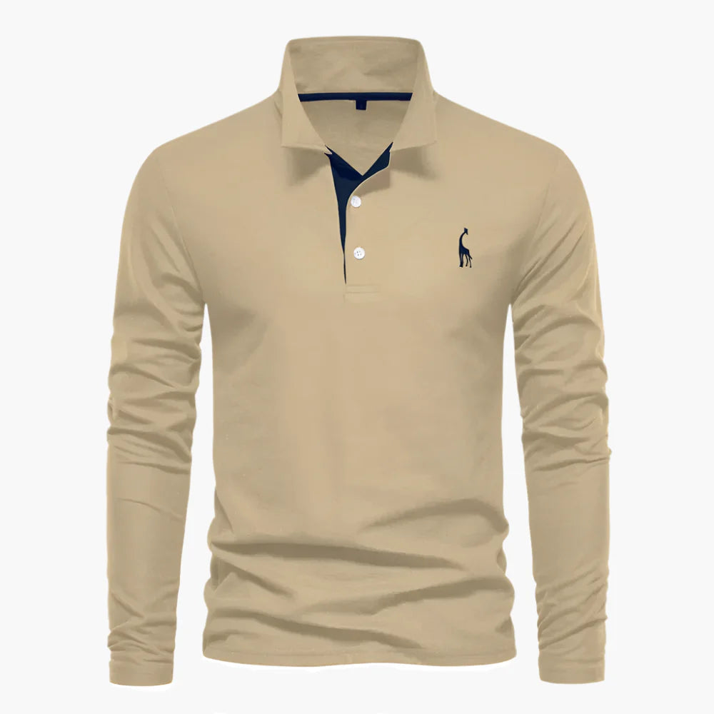 Khaki long-sleeve polo shirt in breathable cotton with chest embroidery