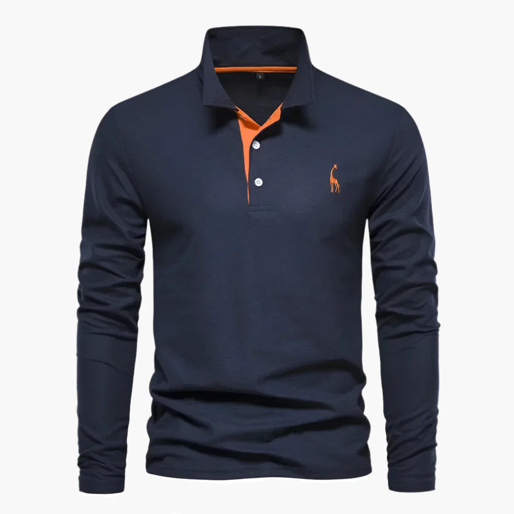 Navy long-sleeve polo shirt in breathable cotton with chest embroidery