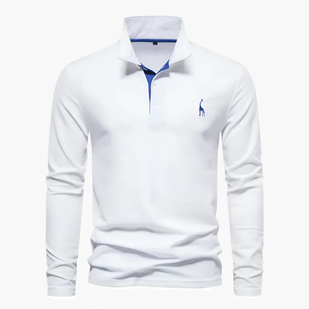 White long-sleeve polo shirt in breathable cotton with chest embroidery