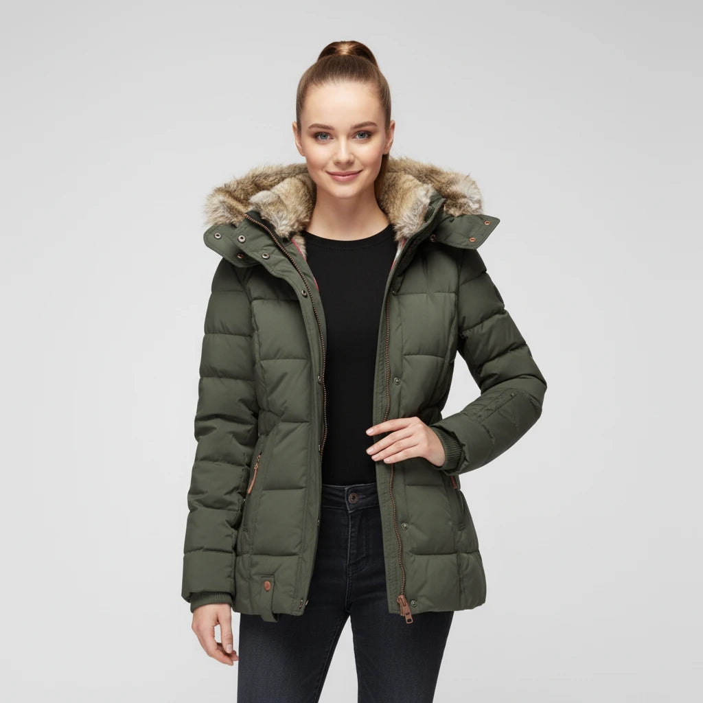 Fitted Fur-Hood Jacket Quilted Puffer