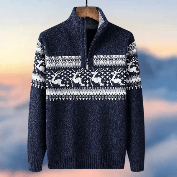 Black holiday sweater with festive knit motif and ribbed cuffs