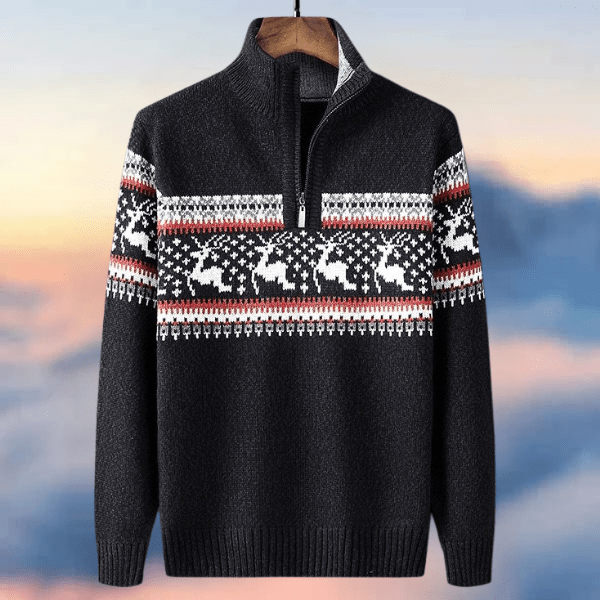 Navy blue holiday sweater with festive motif and ribbed trim
