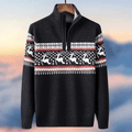 Navy blue holiday sweater with festive motif and ribbed trim