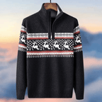 Navy blue holiday sweater with festive motif and ribbed trim