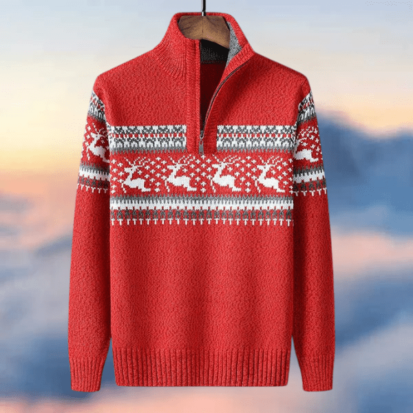Red holiday sweater with festive motif and ribbed hem