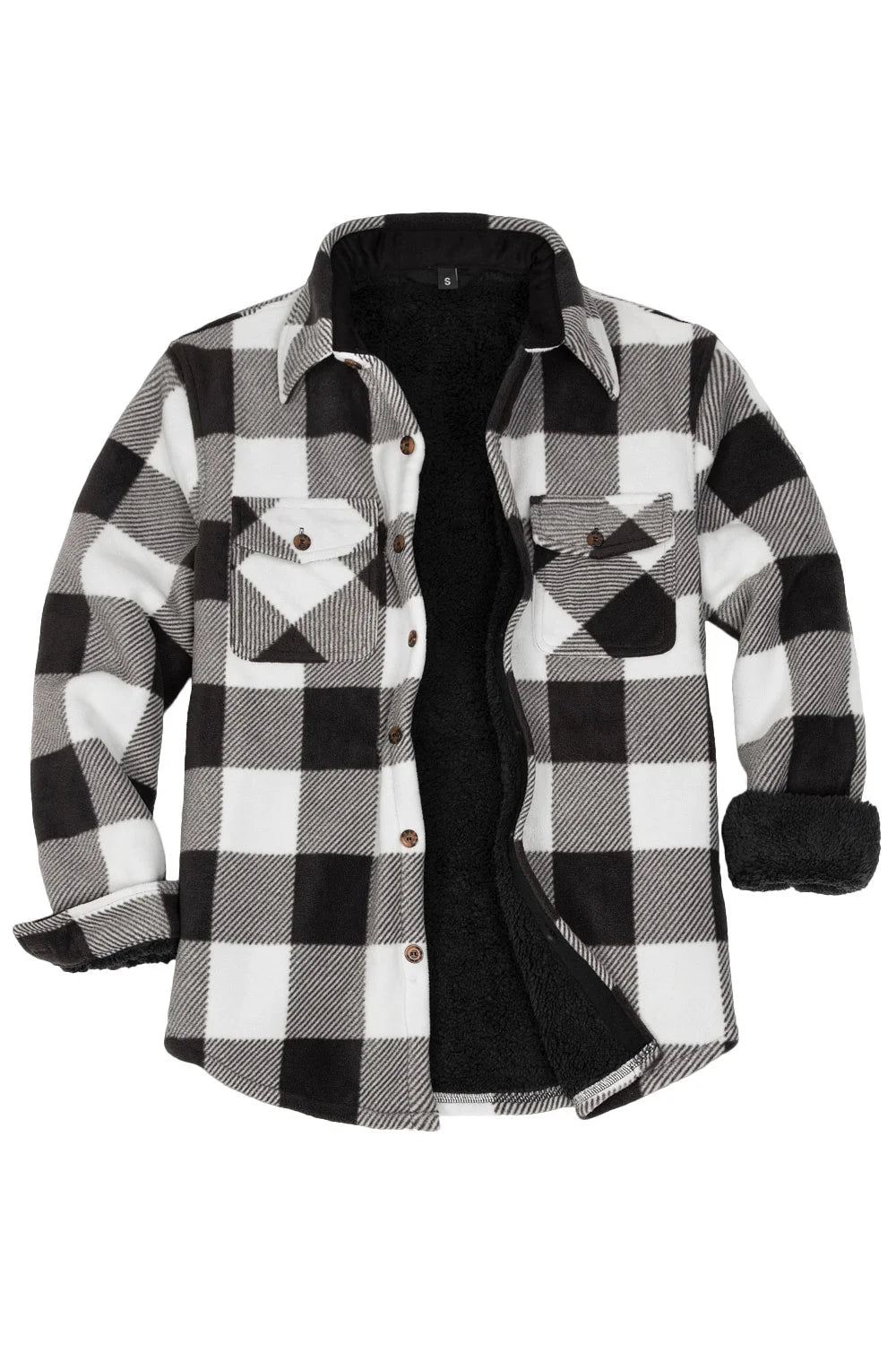 Plaid shirt jacket in Buffalo Black White, sherpa-lined with four pockets and button front.