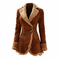 Faux-fur trim fitted winter coat in brown.