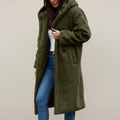 Long hooded teddy fleece coat in green.