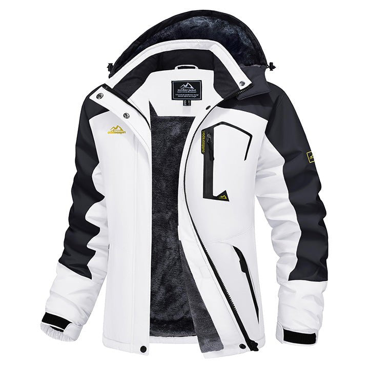 Hooded water-resistant ski jacket in White, fleece-lined with four zip pockets.