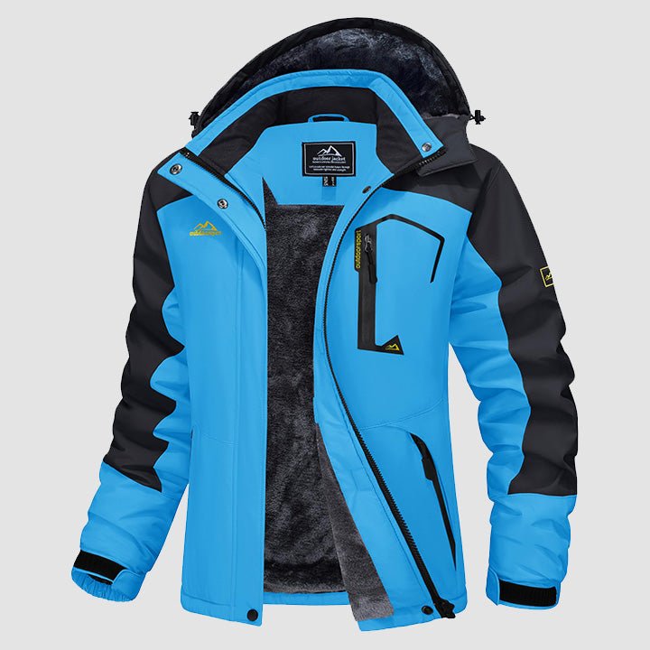 Hooded water-resistant ski jacket in Orange, fleece-lined with four zip pockets.