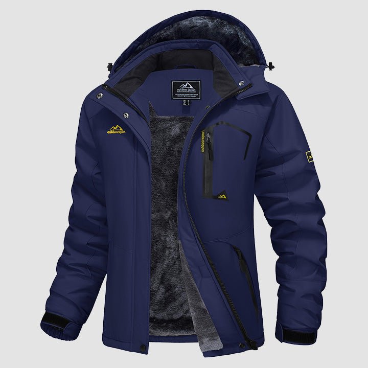 Hooded water-resistant ski jacket in Yellow, fleece-lined with four zip pockets.