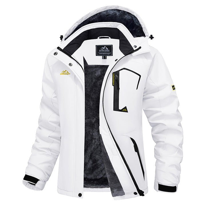 Hooded water-resistant ski jacket in Dark Purple, fleece-lined with four zip pockets.