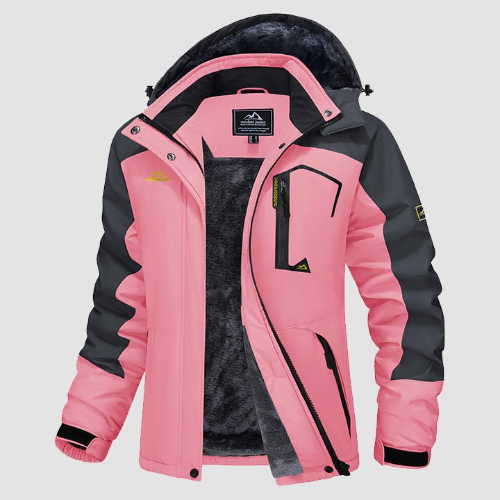 Hooded water-resistant ski jacket in Black Grey, fleece-lined with four zip pockets.
