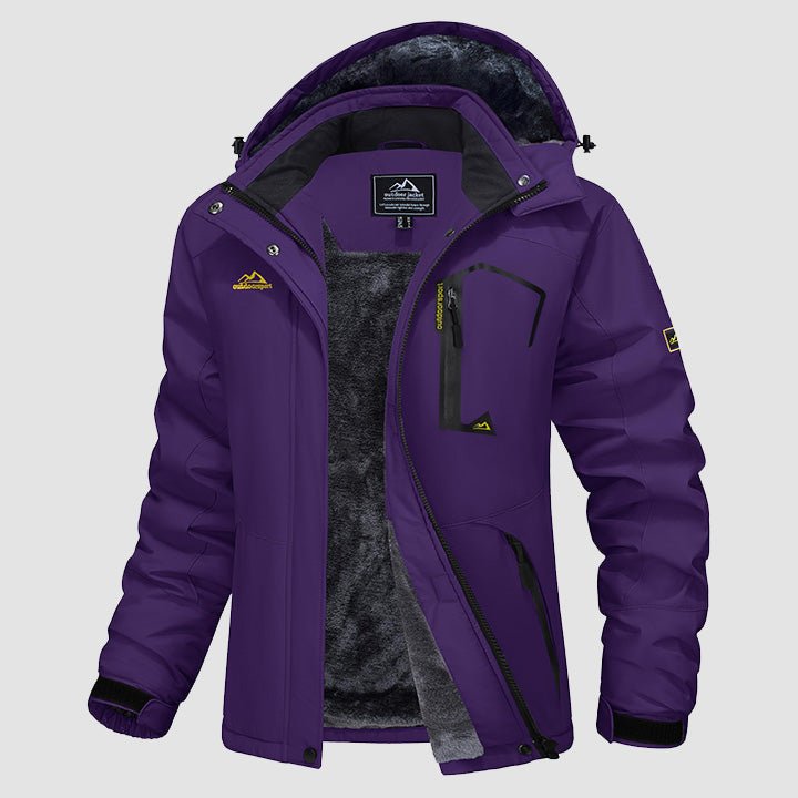 Hooded water-resistant ski jacket in Black, fleece-lined with four zip pockets.