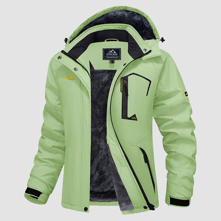 Hooded water-resistant ski jacket in Navy, fleece-lined with four zip pockets.