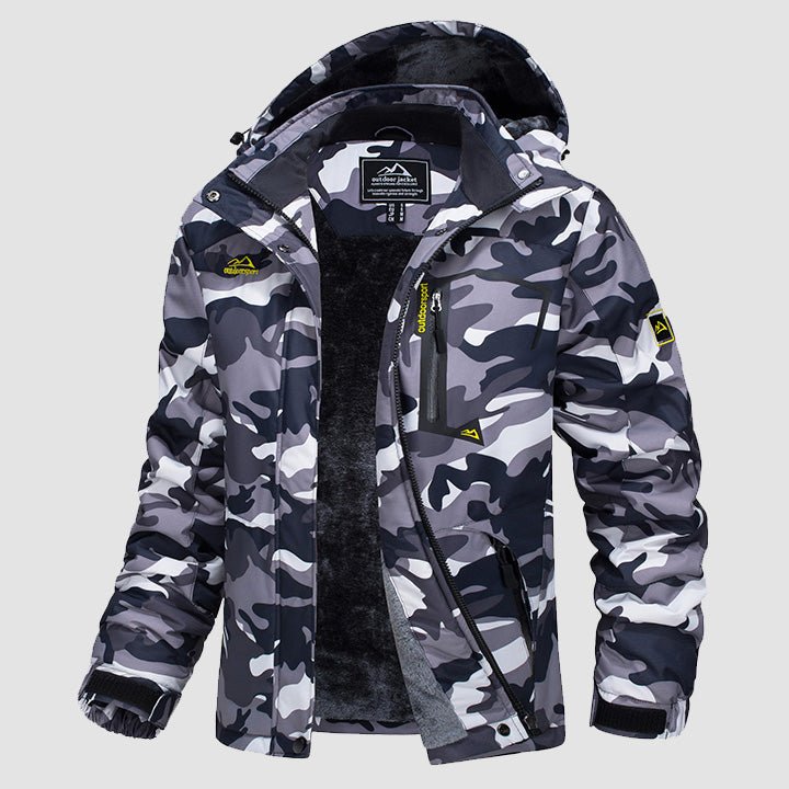 Hooded water-resistant ski jacket in Apricot, fleece-lined with four zip pockets.