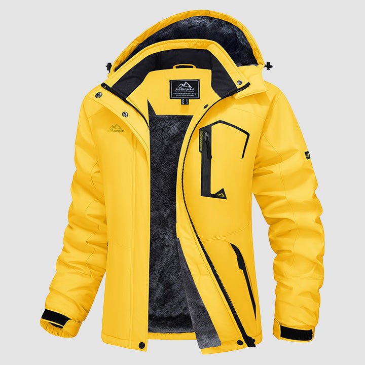 Hooded water-resistant ski jacket in Blue, fleece-lined with four zip pockets.