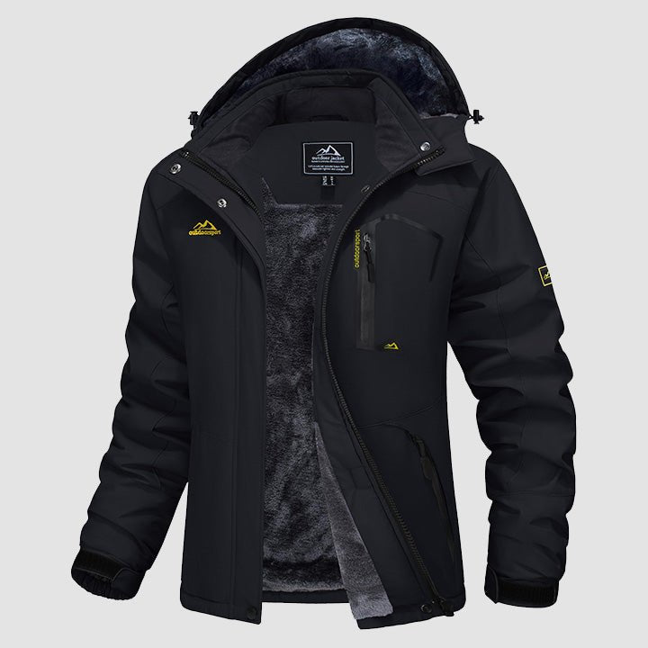 Hooded water-resistant ski jacket in Pink, fleece-lined with four zip pockets.