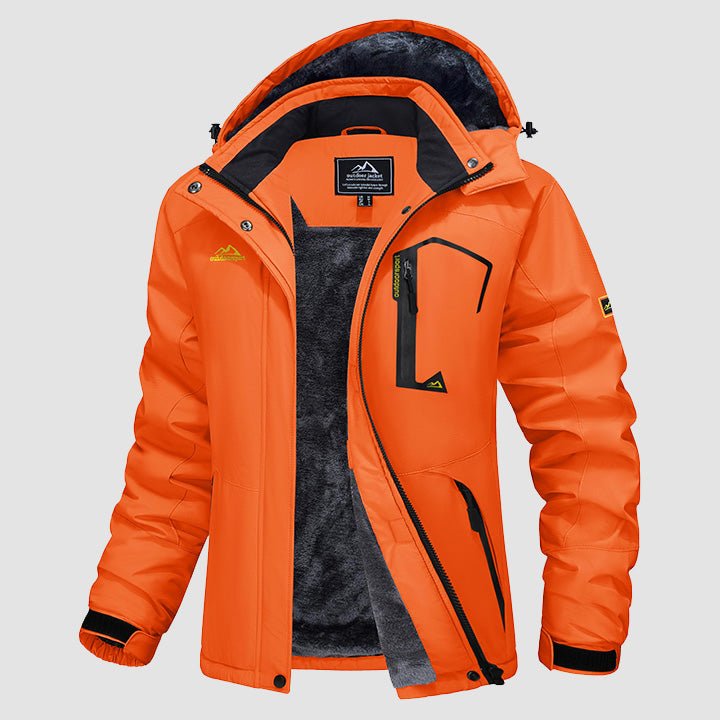 Hooded water-resistant ski jacket in Grey Camo, fleece-lined with four zip pockets.