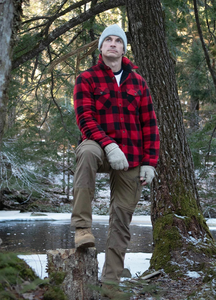 Plaid shirt jacket in Red, sherpa-lined with four pockets and button front.