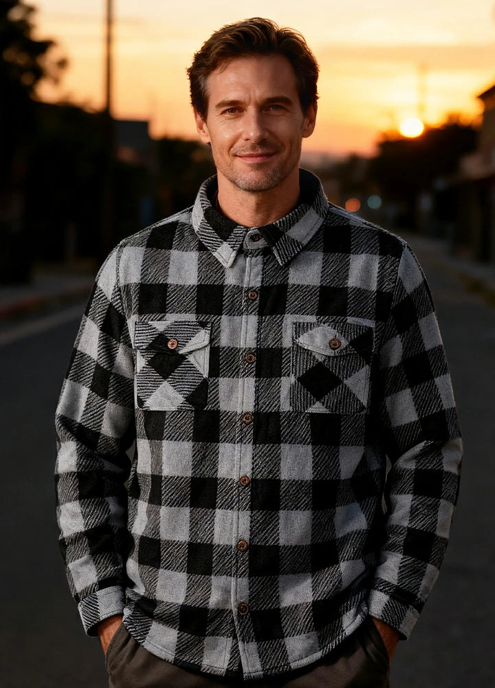 Plaid shirt jacket in Grey, sherpa-lined with four pockets and button front.
