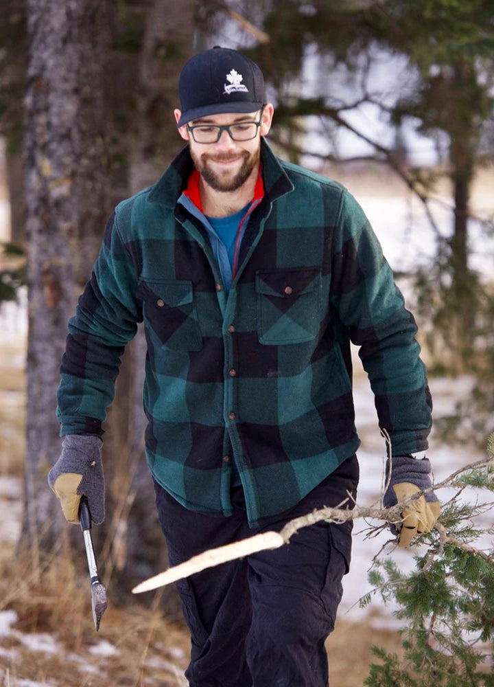 Plaid shirt jacket in Black/Green, sherpa-lined with four pockets and button front.
