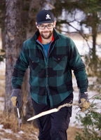 Plaid shirt jacket in Black/Green, sherpa-lined with four pockets and button front.