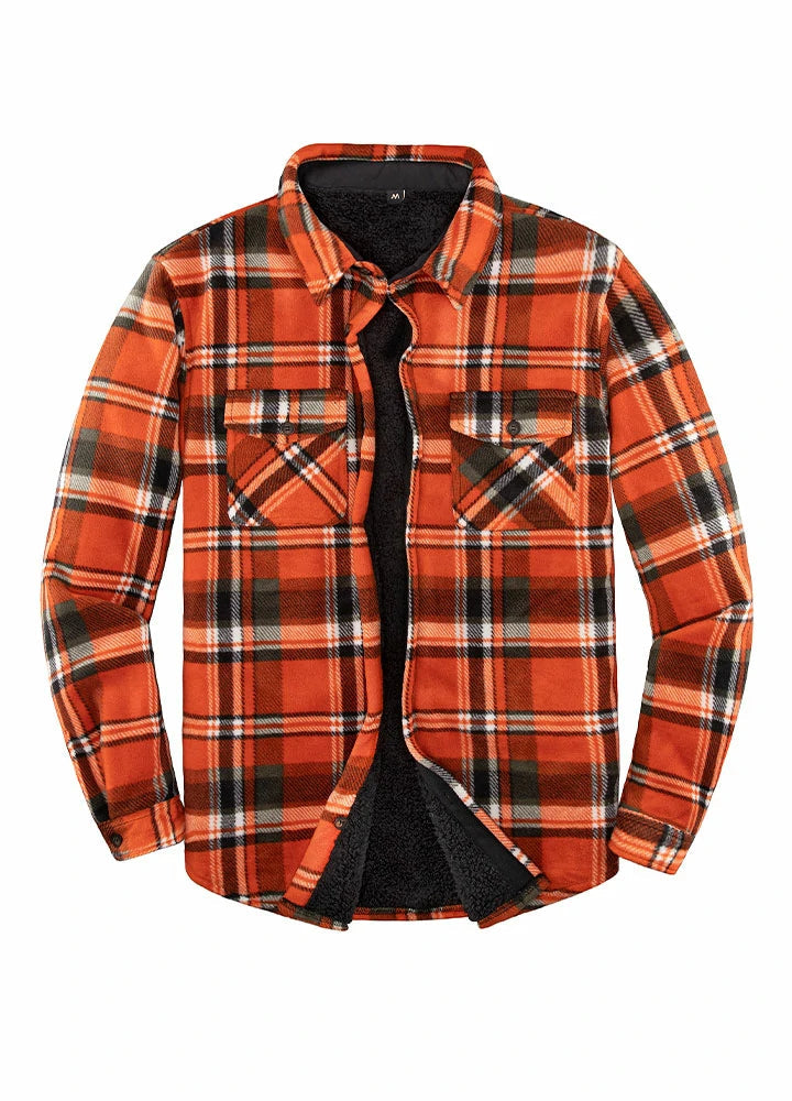 Plaid shirt jacket in Orange Plaid, sherpa-lined with four pockets and button front.