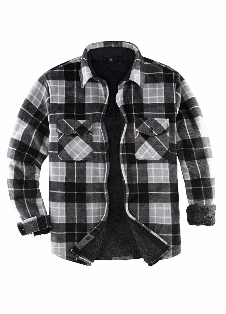 Plaid shirt jacket in Black/Grey, sherpa-lined with four pockets and button front.
