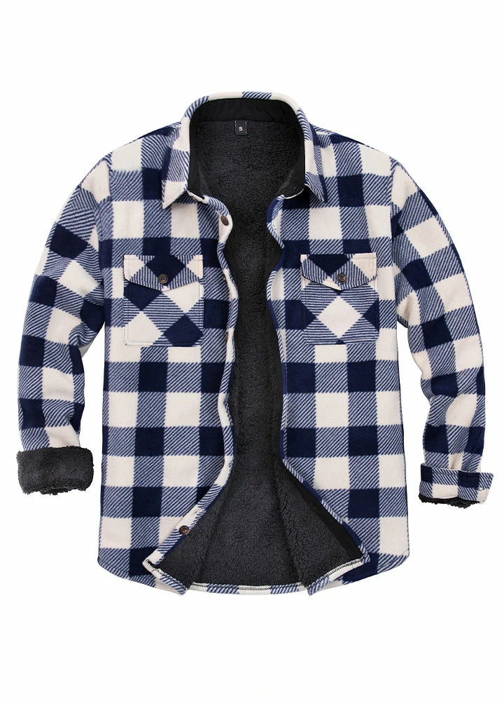 Plaid shirt jacket in Navy/White, sherpa-lined with four pockets and button front.