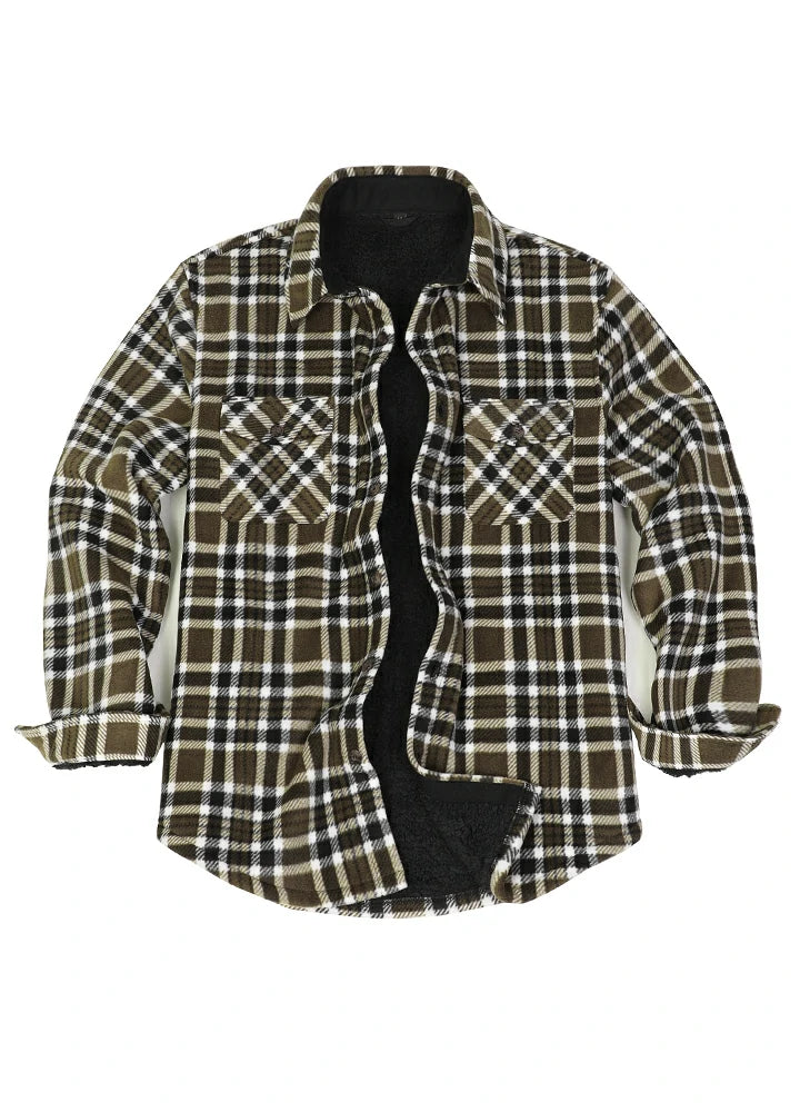 Plaid shirt jacket in Brown White, sherpa-lined with four pockets and button front.
