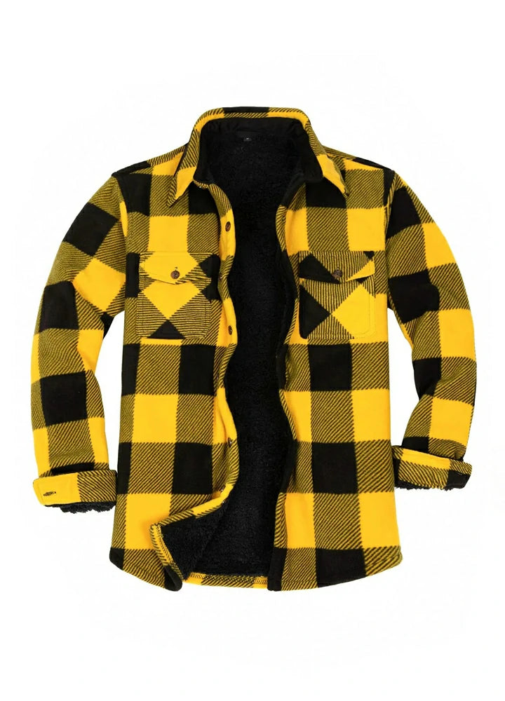 Plaid shirt jacket in Buffalo Yellow Black, sherpa-lined with four pockets and button front.