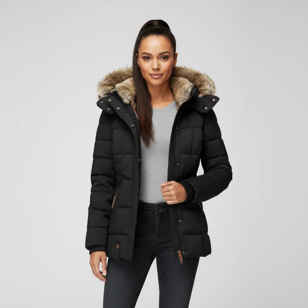 Fitted fur-hood quilted puffer jacket.